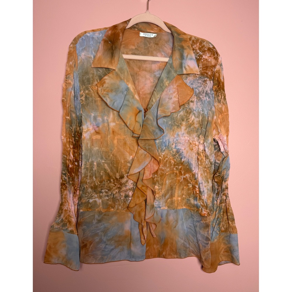Dress-U-II by Sharon Tie Dye Ruffle Front Blouse‎ Sheer Boho Floral Orange 1X